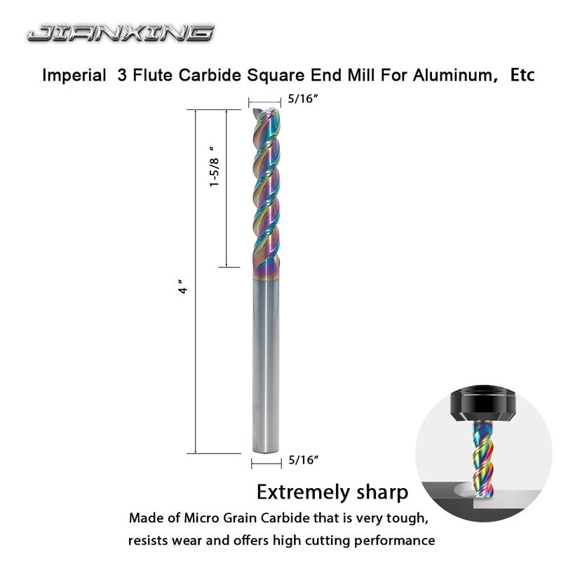 JIANXING 5/16" Extra Long Carbide Square End Mill for Aluminum, Copper Alloy, Plastic, 4" Overall Length End Mill Bits, 3 Flute HRC 55 Deg DLC Coating, CNC Router Bits (1 Pieces) - Image 2